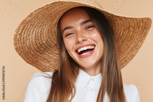 Woman Smiles While Wearing a Large Straw Hat on a Plain Background During a S...
