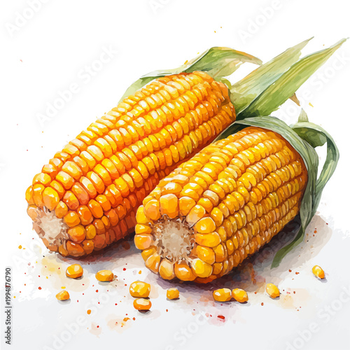 Corn, high quality watercolor, isolated on a white background, vibrant details.