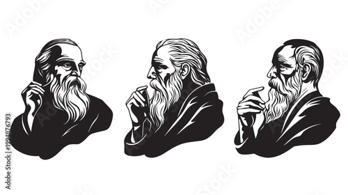 Three busts of a bearded man in profile and frontal positions, in a minimalist style