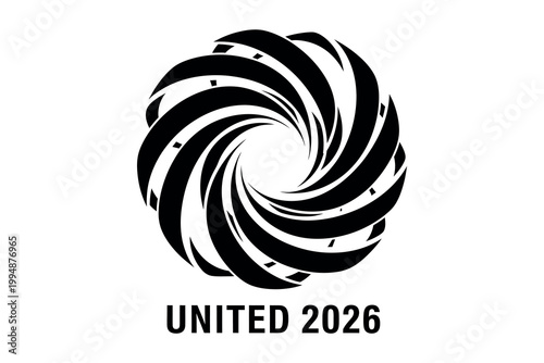 Abstract black and white swirl with 'united 2026' text below