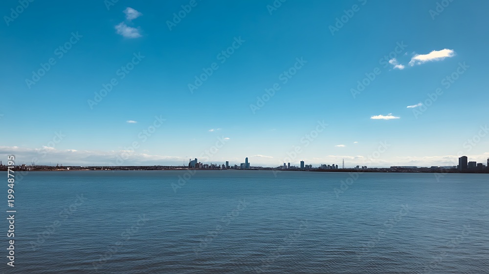 Fototapeta premium City skyline, waterfront view, urban landscape, blue sky