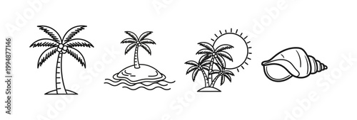 A versatile collection of tropical vacation line art icons featuring various palm trees, a serene island, and a delicate seashell, perfect for summer travel designs and holiday-themed illustrations