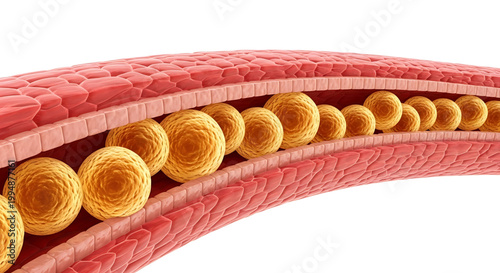 A detailed illustration of a blood vessel with red blood cells flowing through it