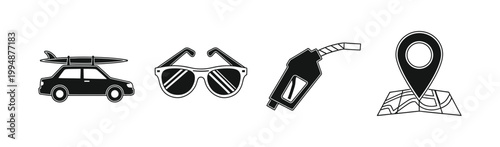 Collection of travel and leisure icons including a car with surfboard, sunglasses, fuel nozzle, and a location pin on a map, symbolizing a road trip and outdoor activities