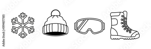 Collection of winter clothing and accessories including a snowflake, beanie, goggles, and boot for cold weather activities