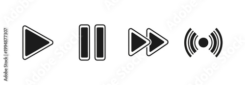 A set of four black and white icons representing media playback controls play, pause, fast forward, and wireless signal