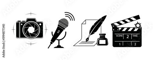 Creative Arts and Media Icons Photography, Audio Recording, Writing, and Filmmaking Symbols