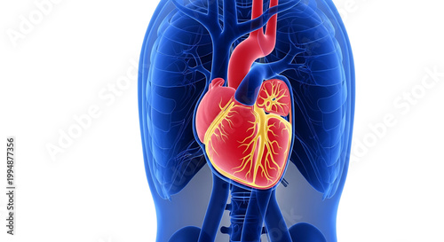 A detailed illustration of the human heart and lungs in the chest cavity