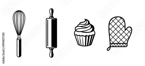 Essential baking tools and a delightful cupcake illustration, perfect for culinary projects, kitchen-themed designs, and sweet dessert recipes