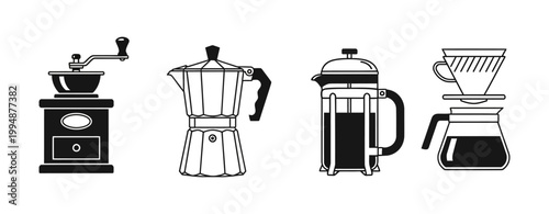 Collection of Coffee Brewing Devices Including Manual Grinder, Moka Pot, French Press, and Pour Over Dripper