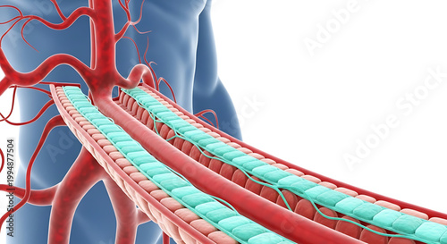 A detailed illustration of the human vascular system with a stent in place