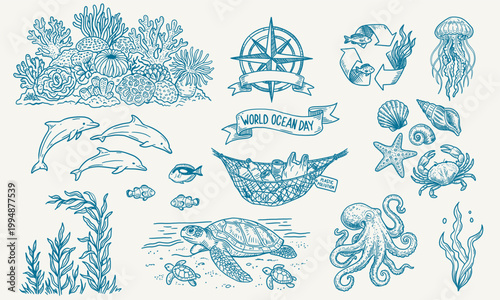 Antique Blue Engraving Ocean Elements. Whimsical Marine Biology and World Ocean Day Symbols