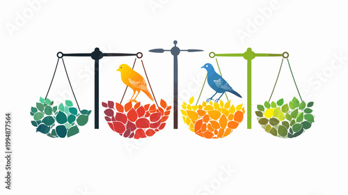 Balanced illustration with four scales, colorful birds on leaves, and an overall white backdrop
