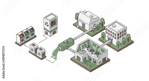 Isometric Illustration of a Circular Economy and Sustainable Waste Management System showing a Recycling Plant, Urban Buildings, and Green Energy Infrastructure