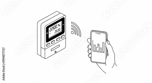Isometric Line Art Illustration of a Smart Meter Sending Wireless Data to a Smartphone for Energy Monitoring and IoT Home Management
