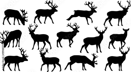 Black Silhouette Deer and Stag Collection in Various Poses Including Walking Grazing and Standing with Antlers