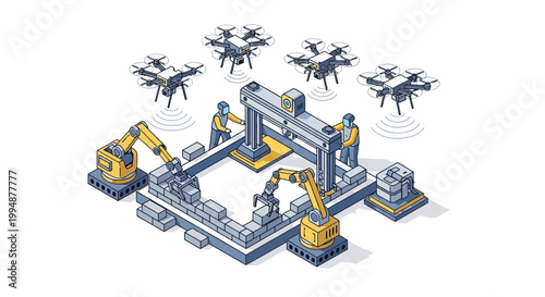 Isometric Illustration of a Smart Construction Site featuring Robotic Arms, Monitoring Drones, and Automated Industrial Machinery