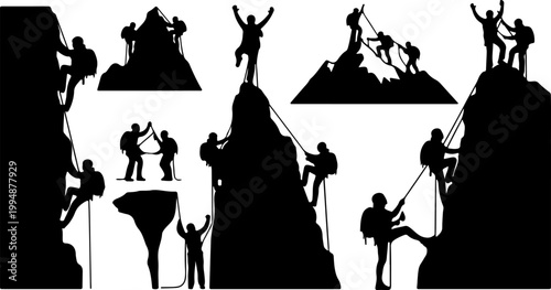 Black Silhouette Mountain Climbing and Rock Climbing Set with Hikers Rappelling Summit Victory and Teamwork Poses
