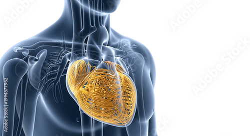 A detailed illustration of a human heart inside a transparent torso, showcasing the cardiovascular system