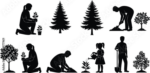 Collection of Gardening Silhouette Icons Featuring People Planting Saplings Watering Trees Digging Soil and Coniferous Pines for Environmental Projects Sustainable Forestry Eco-Frien
