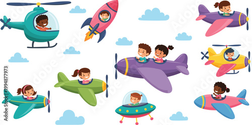 Cartoon Illustration Set of Happy Children Flying Different Aircraft Including Airplanes Helicopters Rocket Ships and UFO Among Clouds for Kids Educational Content Aviation Adventure an