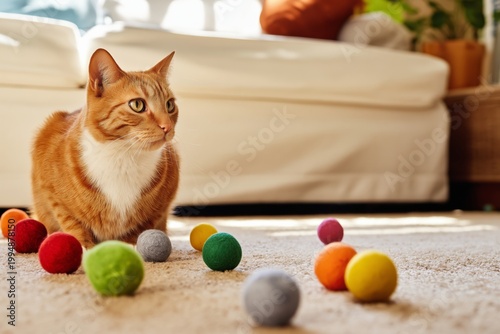 Cat Plays With Colorful Balls in a Living Room During Daylight Hours