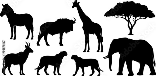 Black Silhouette African Safari Animal Collection Including Elephant Giraffe Zebra Cheetah Wildebeest and Acacia Tree