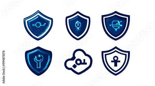 Collection of stylized blue icons featuring shields and abstract, symbolic shapes on a white background