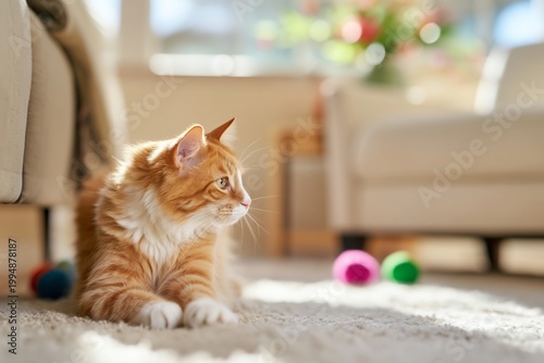 Cat Plays With Colorful Balls in a Living Room During Daylight Hours