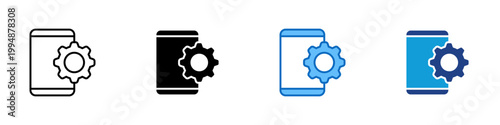 Mobile Settings Multiple Style Icon Design Vector - Smartphone with gear symbol representing device configuration, mobile system control, and app settings