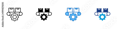 Production Workflow Multiple Style Icon Design Vector - Conveyor with boxes and gear representing production workflow, manufacturing process, and industrial automation
