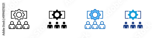 Team Management Multiple Style Icon Design Vector - Gear above users representing team management, workforce coordination, and operational control