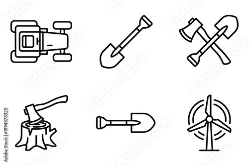 Gardening and environmental tools icon set for farming and nature with gardening agriculture environment equipment forestry