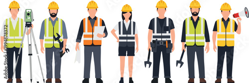 Construction Workers and Professional Engineers Set Featuring Diverse Team in Safety Vests and Hard Hats Holding Tools for Industrial Building Site Project Vector Illustration