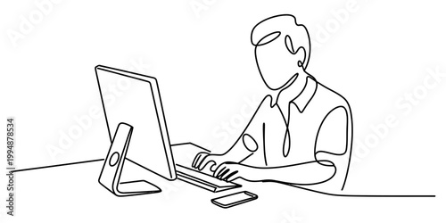 Man typing on computer keyboard, single line drawing, minimalistic style, modern office desk setup with monitor and smartphone
