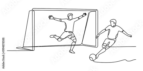 Soccer player kicking ball towards goal with goalkeeper defending in continuous line art style