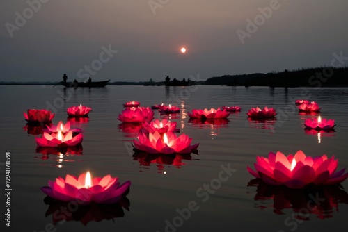 Floating Candles Light up the Water as the Sun Sets Over the Horizon During a...
