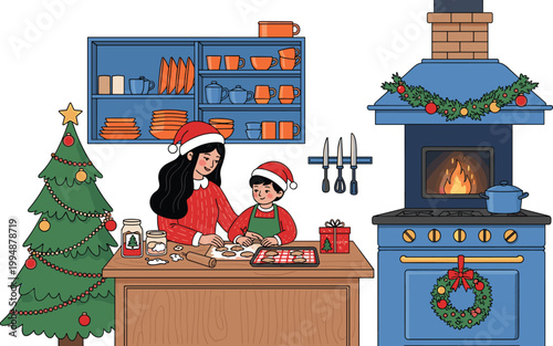 Happy Mother and Son Baking Christmas Cookies in Decorated Kitchen Featuring Christmas Tree Fireplace and Festive Garlands for Winter Holiday Family Celebration Vector Illustration