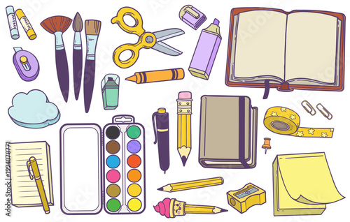 Big set of stationery supplies - notepads, erasers, scissors, pencils, pens, brushes and paints, pencil sharpener and note paper color variation
