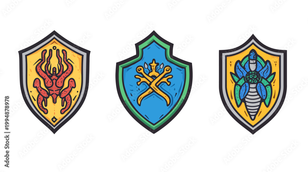 Fototapeta premium Three heraldic shields with colorful emblems of creatures or symbols. Stylized fantasy art