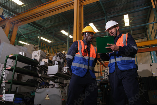 Φωτογραφία Two workers discuss tasks while standing near machines in a factory during dayti