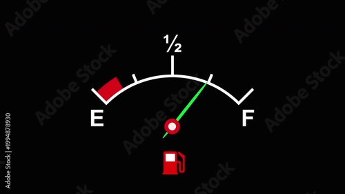 Dashboard meter animation filling up car fuel from empty to full tank fill 4k video on black background