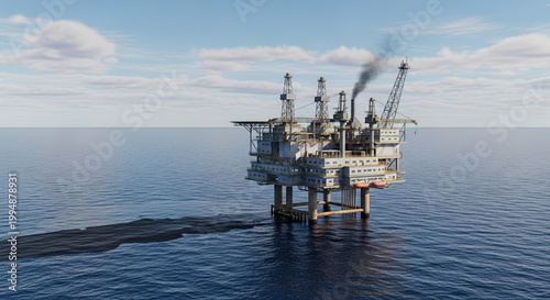 Industrial oil rig in ocean with smoke rising from chimneys, offshore drilling platform with equipment and machinery for extraction.