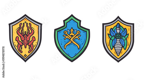 Three heraldic shields with colorful emblems of creatures or symbols. Stylized fantasy art