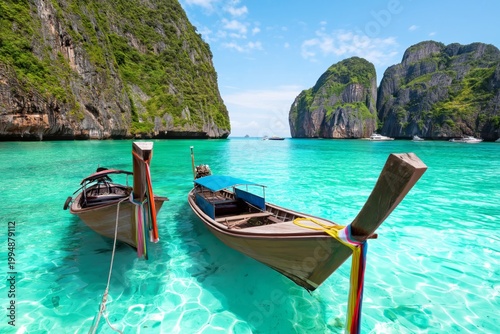 Warm Sunny Day With Boats Anchored at a Tropical Beach in Thailand
