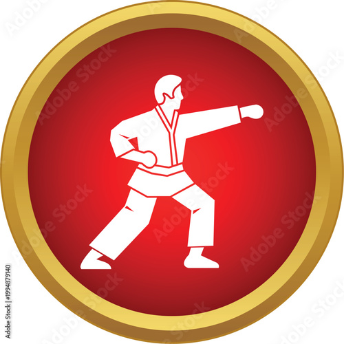 White silhouette of a man practicing karate striking a punch inside a bold red and gold circle