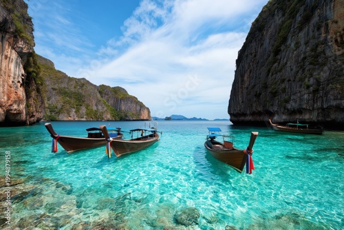Warm Sunny Day With Boats Anchored at a Tropical Beach in Thailand