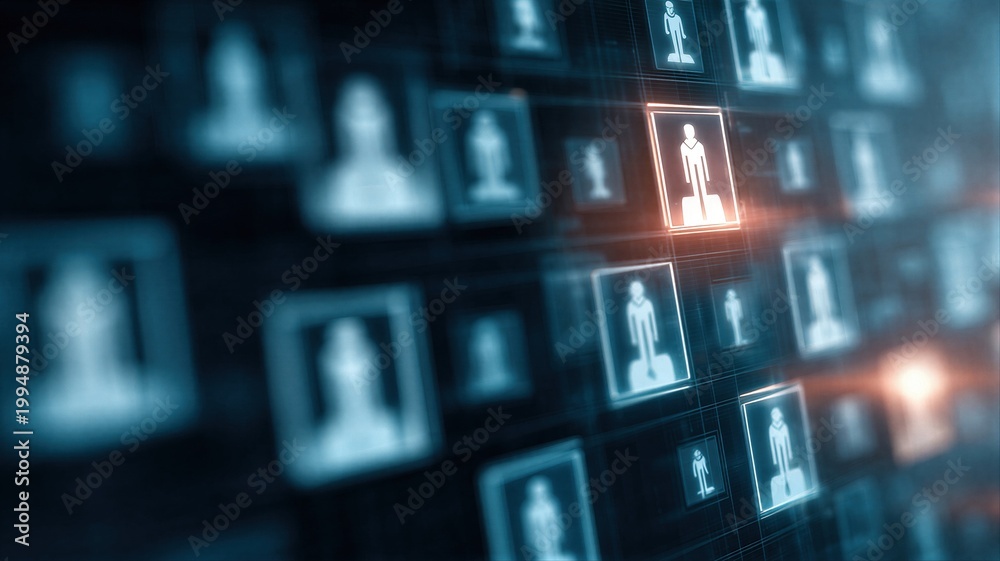 Fototapeta premium Digital user profile icons glowing on dark background. Social network connection and online identity management. Global communication technology and big data analytics concept.