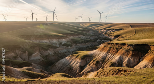 Scenic view of wind farm with green hills and canyons during sunset. Rolling landscape features wind turbines generating renewable energy throughout the valley.