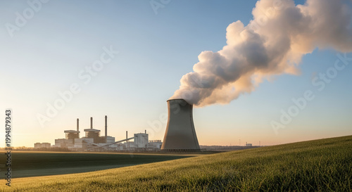 Industrial landscape with power plant and smoke billowing from cooling tower. Energy production includes factories and power generation infrastructure.